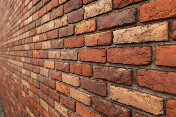 Rustic brick wall texture close up perspective view warm tones aged building material