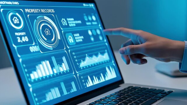 Professional analyzing dynamic property data dashboard on futuristic screen, showing growth trends and ownership details