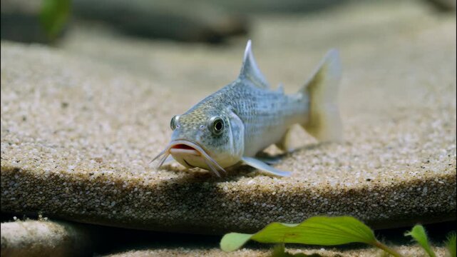 Corydoras fish resting calmly on sand bottom, peaceful aquarium scene, soft natural underwater light.