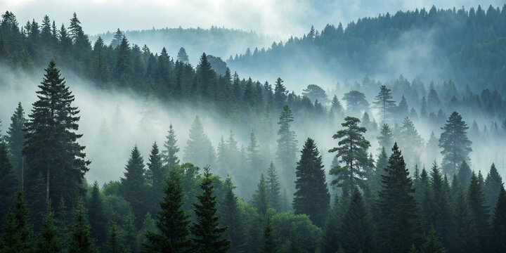 Misty evergreen forest on a foggy mountain landscape - Powered by Adobe
