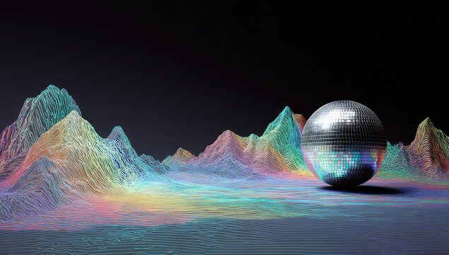 Abstract landscape with a mirrored sphere.  Colorful, detailed, digital mountain range and a disco ball in the foreground