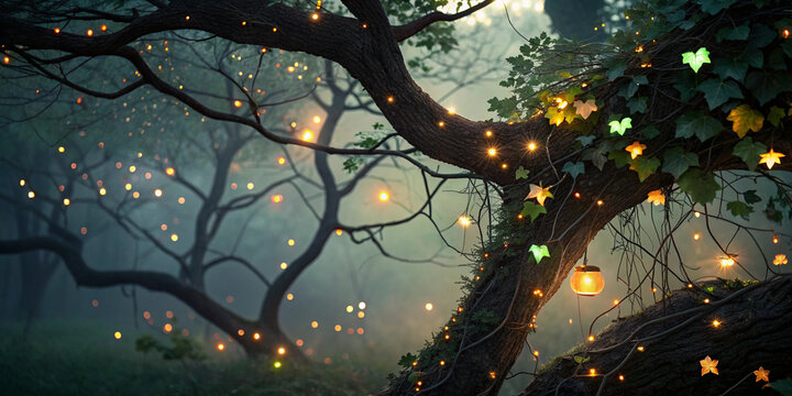 Enchanted forest with glowing lights and mystical atmosphere