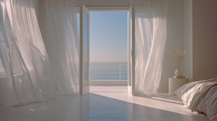 Serene Coastal Bedroom: White Curtains, Ocean View