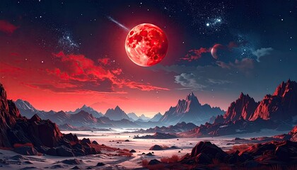 Red Moon Over Pixelated Mountain Range with Starry Night Sky and Galaxy Background