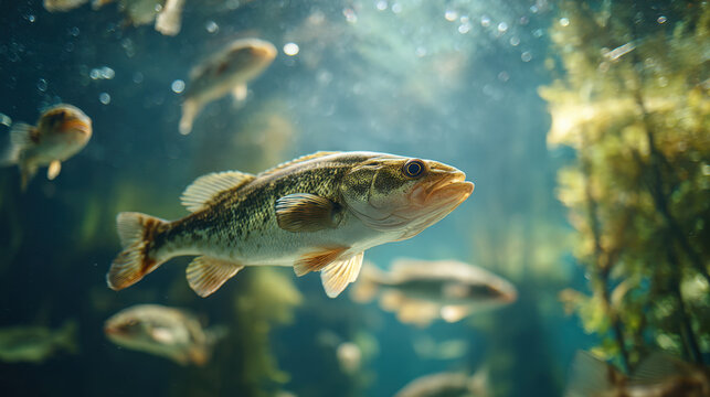 Freshwater fish swimming in clear water surrounded by aquatic plants with sun rays filtering through the surface creating a serene underwater scene.