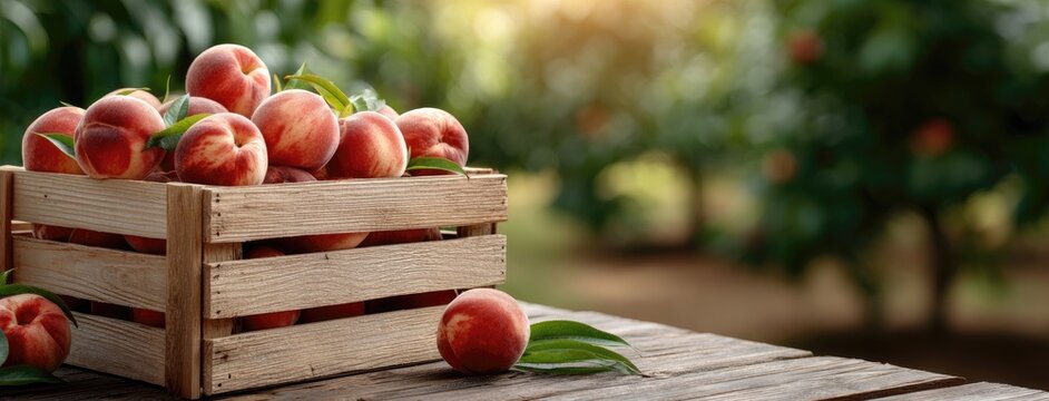 Wooden crate filled with ripe peaches, highlighting their plumpness and vibrant colors against a soft, natural outdoor background