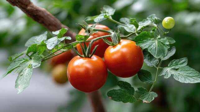 Tomatoes at various ripeness stages grow on vines, emphasizing organic farming and promoting locally sourced eco-friendly food
