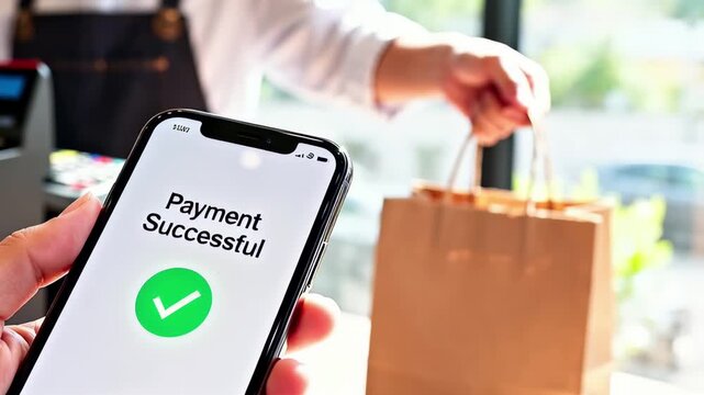 Effortless mobile payment success confirms quick purchase completion, customer receives shopping bag.
