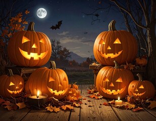 Jack-o'-Lanterns on Spooky Night: Carved pumpkins glow with eerie smiles, casting an enchanting spell as they stand sentinel, with a full moon watches over. Leaves swirl in the cool, night air.