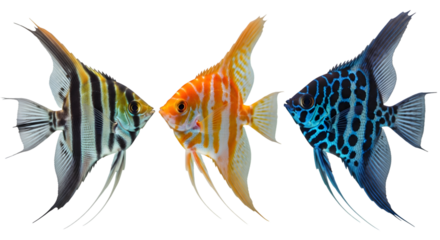 Three colorful freshwater angelfish of different varieties and patterns isolated on a white background.