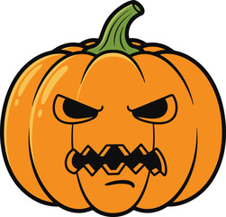 The foreground features a single pumpkin rendered in pixel art style. The pumpkin is orange with a green stem and has an angry facial expression, including furrowed brows and sharp teeth.