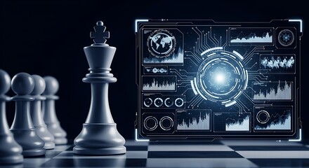 A chess king stands before a futuristic digital data display