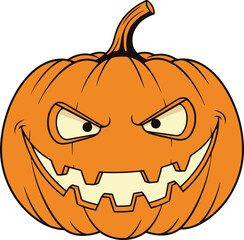 A digital illustration of a single pumpkin carved with a menacing grin. The pumpkin is orange with a brown stem and features a jagged, toothy mouth and narrowed eyes. 