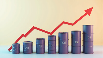 Fototapeta premium Graph showing increasing oil production levels. Nine cylindrical barrels of varying heights are lined up horizontally, each labeled 
