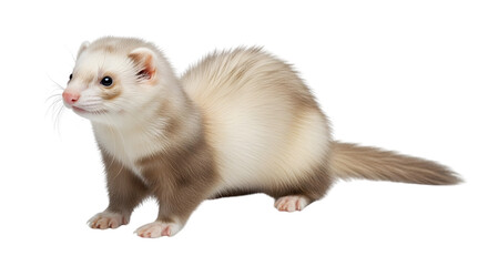 A light-colored ferret with brown markings on its legs and face sits attentively on a white background.