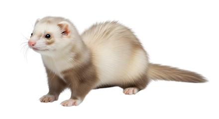 A light-colored ferret with brown markings on its legs and face sits attentively on a white background.