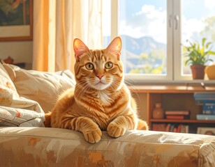 Orange cat resting on a couch, looking out a window. Sunlight streams in