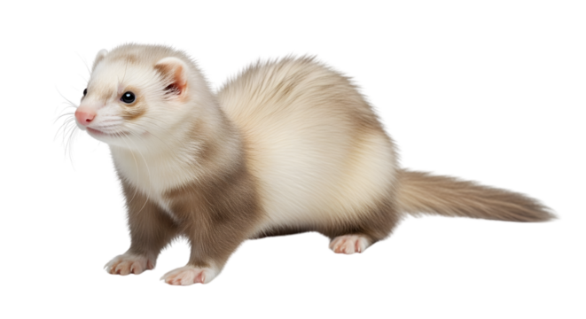 A light-colored ferret with brown markings on its legs and face sits attentively on a white background.