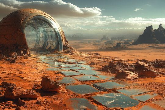 Futuristic spaceship on red planet.