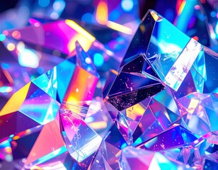 Close-up view of vibrant, multifaceted crystals reflecting iridescent light in a dazzling display.