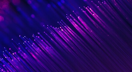 Futuristic digital communication concept with glowing purple fiber optic cables, representing high-speed data transmission and network technology