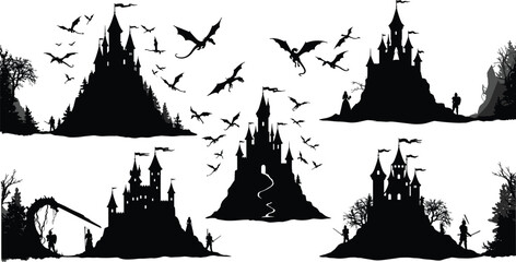 Fantasy castle silhouette set with dragons, medieval towers, wizards, and magical forests for mythical fairytale scenes, storytelling, games, and design elements © Julfikar