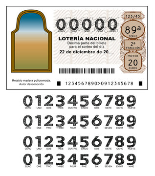 billete, boleto, loter&iacute;a, sorteo, n&uacute;meros en espa&ntilde;ol e ingl&eacute;s