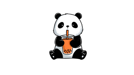 A cute cartoon panda character sitting down and drinking boba tea from a cup with a straw, isolated on a transparent background, perfect for fun and whimsical designs