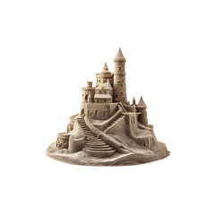 Detailed sandcastle with towers and stairs isolated on a transparent background, in a PNG format