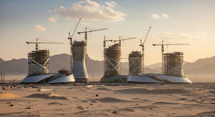 Futuristic City Construction in a Vast Desert Landscape.