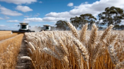 Two combine harvesters are actively cutting golden wheat in a sunlit field with a clear blue sky and fluffy clouds overhead