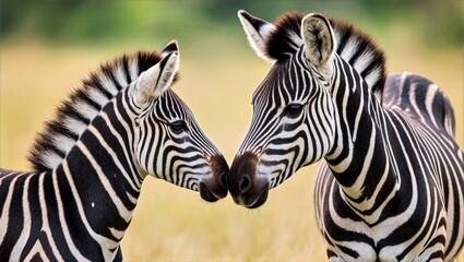 Fototapeta premium Two Zebras Touching Noses Close Up Soft Savanna Bokeh Black White Stripes Tender Wildlife Moment Background