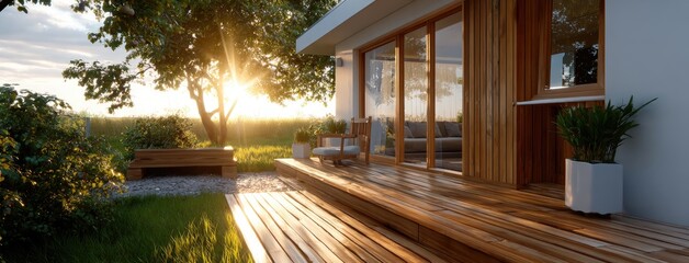 Fototapeta premium A gorgeous house surrounded by vibrant apple trees as sunset light cascades through the leaves, creating a serene atmosphere