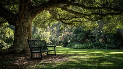 Serene Park Bench Under Majestic Tree's Shade