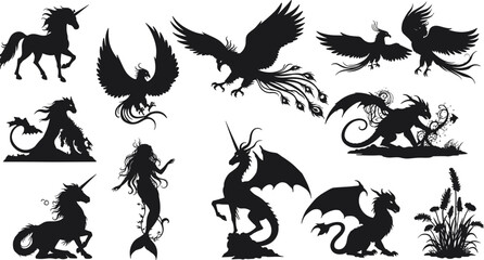 Fantasy Creatures Silhouette Set – Dragons, Unicorns, Phoenix Birds, and Mermaids in Magical Black Vector Art for Mythical, Fantasy, and Fairytale-Themed Designs
