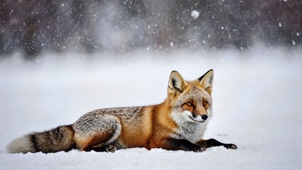 Fototapeta premium Red Fox Resting in Falling Snow White Winter Landscape Thick Fur Bushy Tail Serene Wildlife
