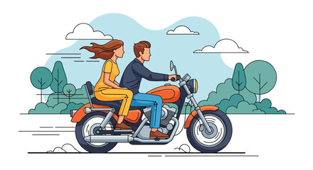 Flat style illustration of a couple riding a motorcycle through a scenic outdoor landscape, symbolizing freedom, adventure, travel, lifestyle, and leisure on the open road