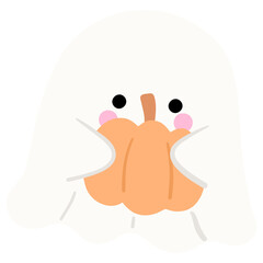A ghost is holding a pumpkin in its mouth. The ghost is cute and has a funny expression