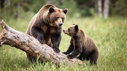 Fototapeta premium Grizzly Bear Mother Standing on Fallen Log Watching Attentive Cub in Lush Green Forest Wildlife Bond