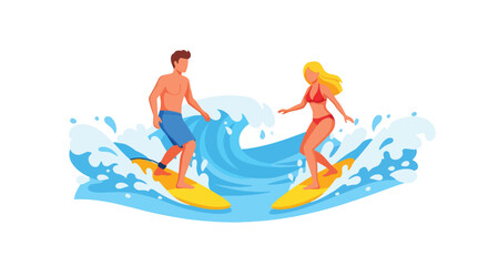 Flat style illustration of a couple man and woman surfing ocean waves on surfboards, representing summer adventure, active lifestyle, vacation fun, and outdoor water sports for travel and leisure
