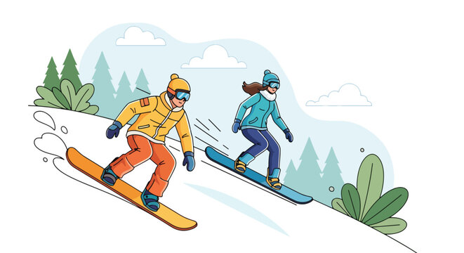 Flat style illustration of a couple snowboarding down a mountain slope, enjoying winter sports, adventure, and outdoor fun in a scenic snowy landscape with pine trees and peaks