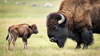 Fototapeta premium Mother Bison Standing Beside Watchful Calf in Lush Grassy Meadow Natural Light Close Portrait Prairie Wildlife
