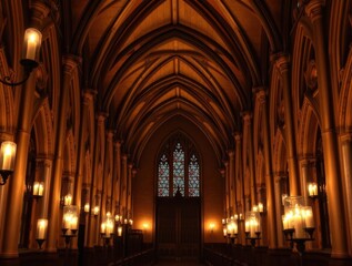 Fototapeta premium Gothic hall illuminated by warm candlelight, showcasing intricate architecture in a serene atmosphere during the evening