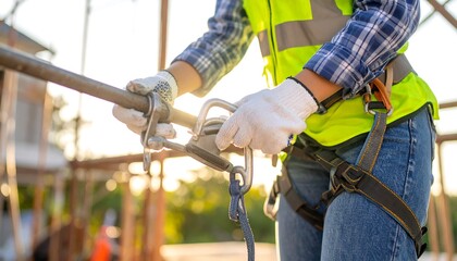Construction worker wearing safety harness and gloves.