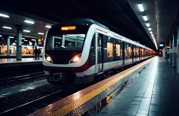 Naklejka premium Commuter train arriving at underground station platform with modern design and lighting