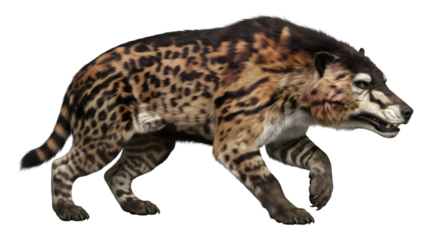 A digital reconstruction of the extinct prehistoric mammal Magericyon, a bear-dog predator with a spotted coat, isolated on a white background.