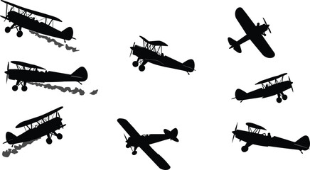 Silhouette Biplane Aircraft Vector Set with Smoke Trails – Classic Vintage Airplanes Flying and Performing Aerobatics in Retro Aviation Style Illustration Design © Hello there