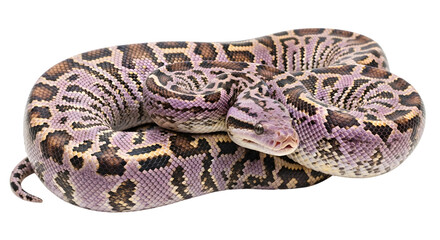 Fototapeta premium Close-up studio shot of a lavender-colored snake coiled on a white surface, showcasing intricate patterns.