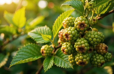 Green blackberry clusters growing on a bush with lush leaves and natural sunlight
