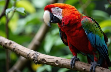 Fototapeta premium Colorful parrot perched on a branch in lush green jungle environment